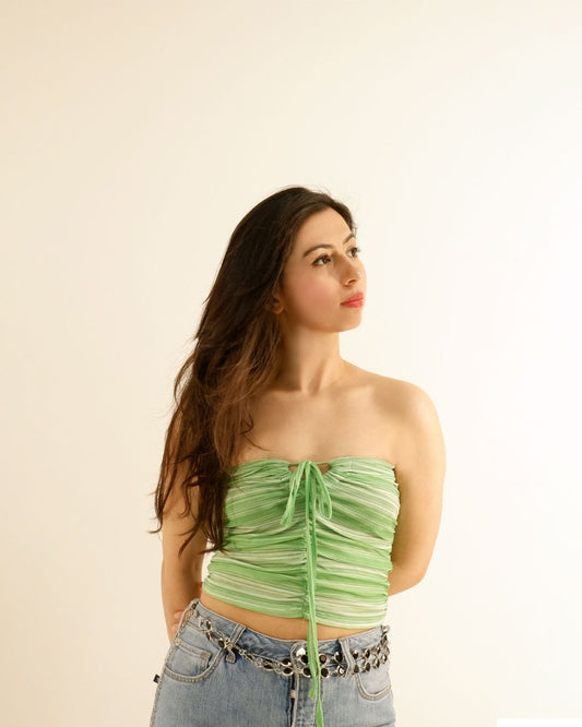 Ruched Mesh Tube Top In Green