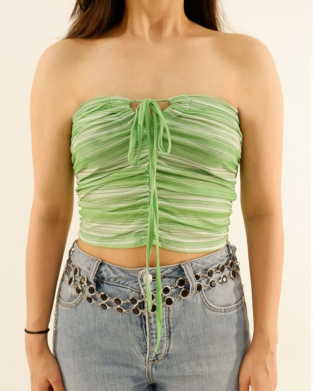 Ruched Mesh Tube Top In Green