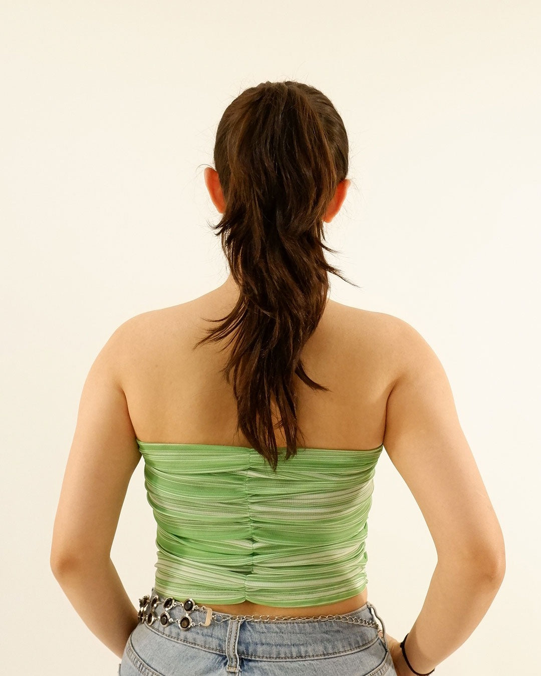 Ruched Mesh Tube Top In Green