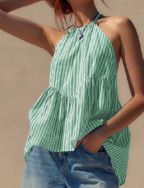 Women Stripe Lace-Up Backless Halter Neck Top