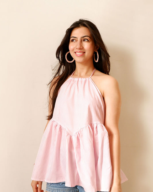 Women Stripe Lace-Up Backless Halter Neck Top