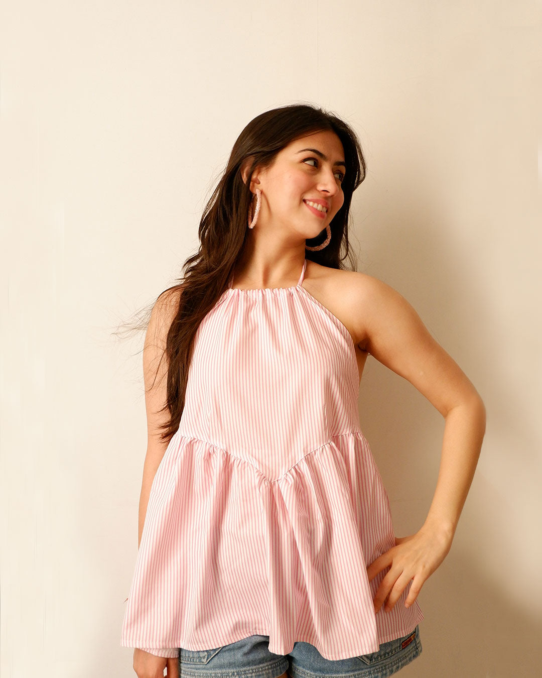 Women Stripe Lace-Up Backless Halter Neck Top